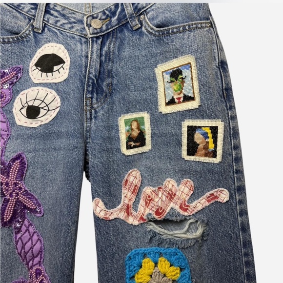 Unique Funky Patchwork Pants Women Reworked 90's Boyfriend Pacsun Size 26 - Picture 2 of 8